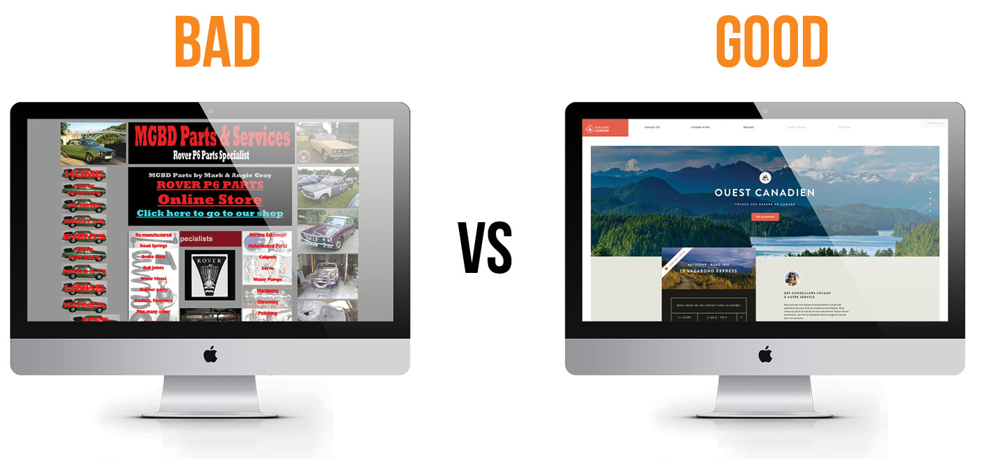 Comparison showing a clean website layout with clear navigation versus a cluttered confusing design